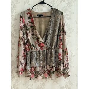 INC Sheer Floral Snakeskin‎ Top Sz M Peplum Boho Romantic Goth Whimsigoth Fairy